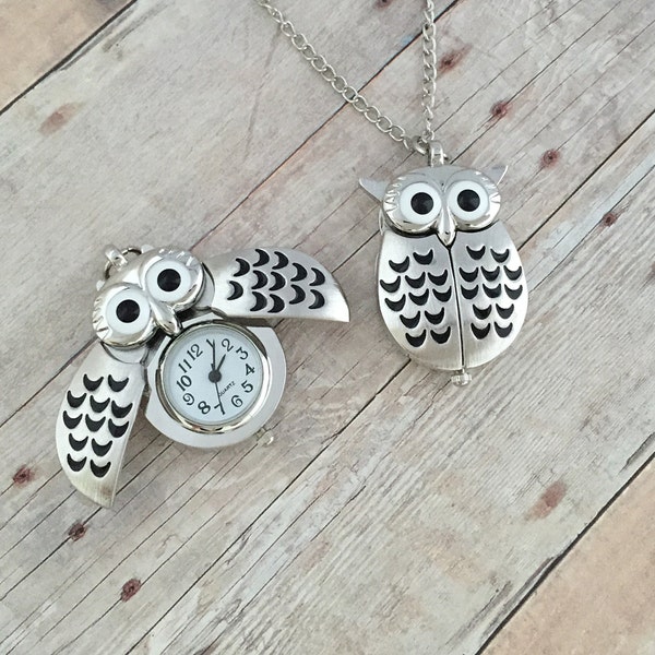 Collier de montre hibou en argent avec ailes Woodland petit collier de montre de poche hibou pendentif montre collier chaîne et batterie incluses (156)