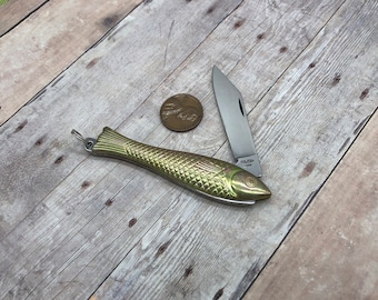 Brass Fish Pocket Knife Charm 3'' Antique Brass Minnow Fish Knife Pendant Vintage Style Miniature Knife With Lanyard Loop Attachment (033)