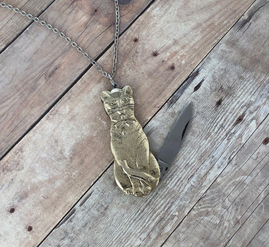 Brass Cat Folding Knife Pendant Necklace Cat Knife Charm Etsy