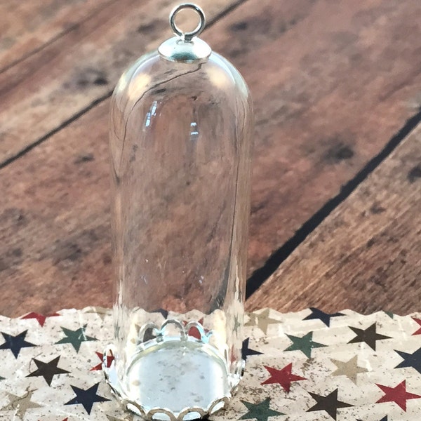 1 ~ Clear Tall Silver Dome Cloche Small Glass Bottle Lace Pendant DIY Silver Base and Top Terrarium Charm Apothecary Jewelry Supplies