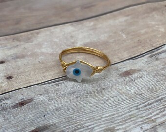 Hamsa Evil Eye Ring Spiritual Healing Ring All Seeing Energy Eye Silver Wire Wrap Nazar Crystal Hippie Boho Eye Ring White Evil Eye Ring 233