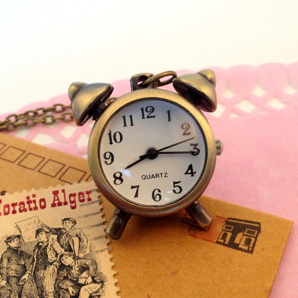 Vintage Style Alarm Clock Pocket Watch Necklace Pendant Antique Bronze Watch Necklace Antique Style Clock CHAIN & BATTERY INCLUDED (163)