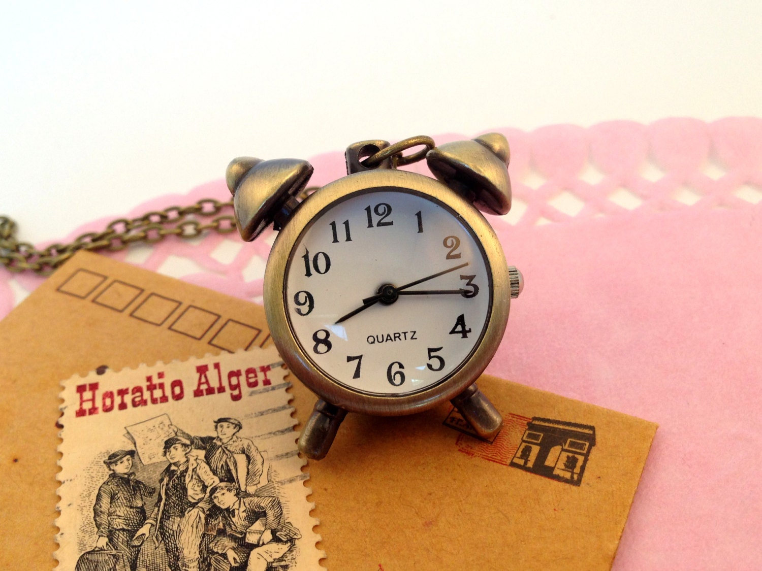 Vintage Style Alarm Clock Pocket Watch Necklace Pendant Antique