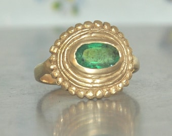 14k Gold Ring, Green Emerald Ring, Bohemian Ring For Woman, Statement Ring, Oval Emerald Solitaire Ring, Everyday Handmade Engraved Ring