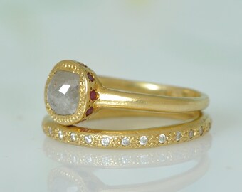 18k Solid Gold Set, Diamonds Engagement Set, Rose Cut Diamond Ring, 18k Gold Wedding Set, Gray Diamond Ring, Eternity Diamonds Gold Ring