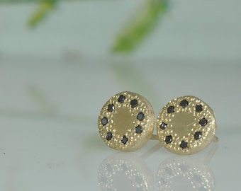 Black Diamonds Gold Earring, Everyday Stud Earring for Woman, 14k Gold Diamond Earring, Dainty Gold and Diamonds Earring, Round Stud Earring