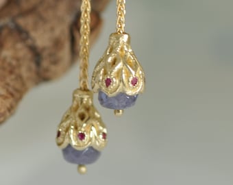 Gold Dangle Earrings Women, 14k Solid Gold Earrings, Chain Dangle Earrings, Stud and Dangle Earring, Gold long Earring, Gold Ruby Earring