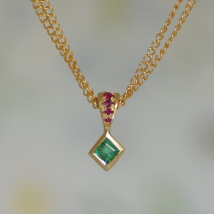 Green Square Emerald Pendant,  Ruby Pendant, Double Thin Gold Filled Chains, 14k Gold Pendant, Fine Pendant, Dainty Pendant, Gold Necklace