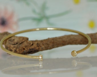 Solid Gold Bangle Bracelet, 14K Gold Bracelet With Small Diamond, Gold Open Bracelet, Cuff Diamond Bracelet, Gold  Gift Idea for Women