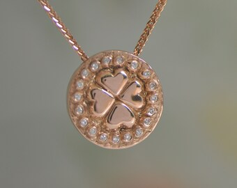 Rose Gold Diamond Pendant, Four Hearts Gold Pendant, Four leaf clover Pendant, Gold Pendant for Woman, Round Gold Pendant, Red Gold Necklace