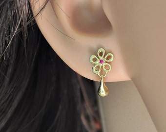 Tiny Gold Earring, Tiny Flower Earring ,  Ruby Stud Earring , Flower Gold Earring , Flower Gift, 14k Stud Gold Earring,  Small Gold Earrings