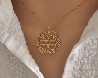 14k Solid Gold Mandala Pendant, Floral Ornate Fine Necklace Jewelry