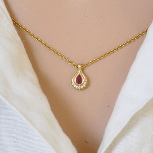 18k Gold Pendant, Diamond and Ruby Pendant, Elegant Evening Necklace, 18k Solid Gold Necklace for Woman, Teardrop Red Ruby, Handmade Pendant