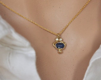 Collar de zafiro de 14 quilates, colgante pequeño de oro de 14 quilates, collar de oro macizo, colgante de zafiro azul, collar delicado, collar fino y delicado