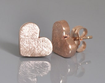 Rose Gold Heart Earrings, Gold Stud Earrings , 14k Solid Gold , Scratched Texture, Jewelry Gift Earrings Gold for Woman, Gold Gift Idea