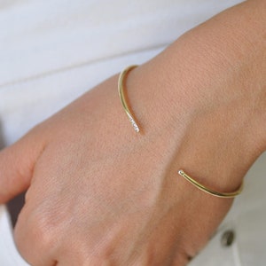 14k Gold Open Cuff Bracelet, Trendy Gold & Diamond Delicate Stacking Bracelet