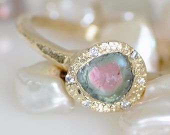Anillo de diamantes y turmalina, anillo único, anillo de oro de 18 quilates con turmalina sandía, anillo de diamantes con turmalina fina