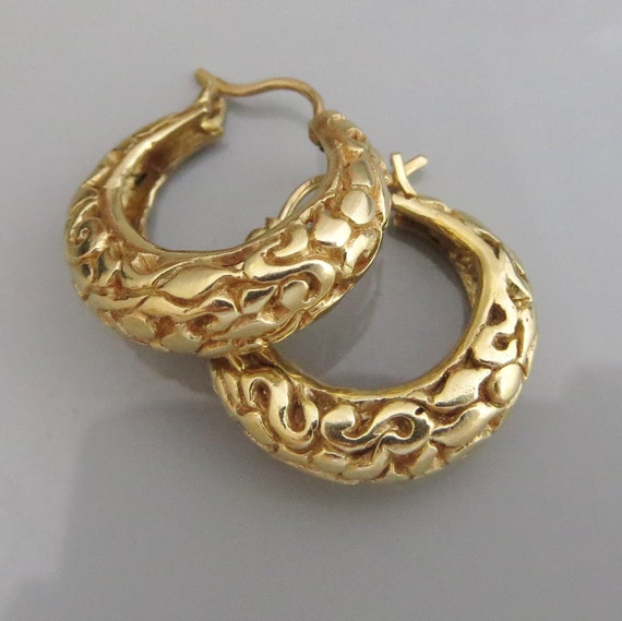 14K Gold Hoop Filigree Earrings Gypsy Casual Women Large 