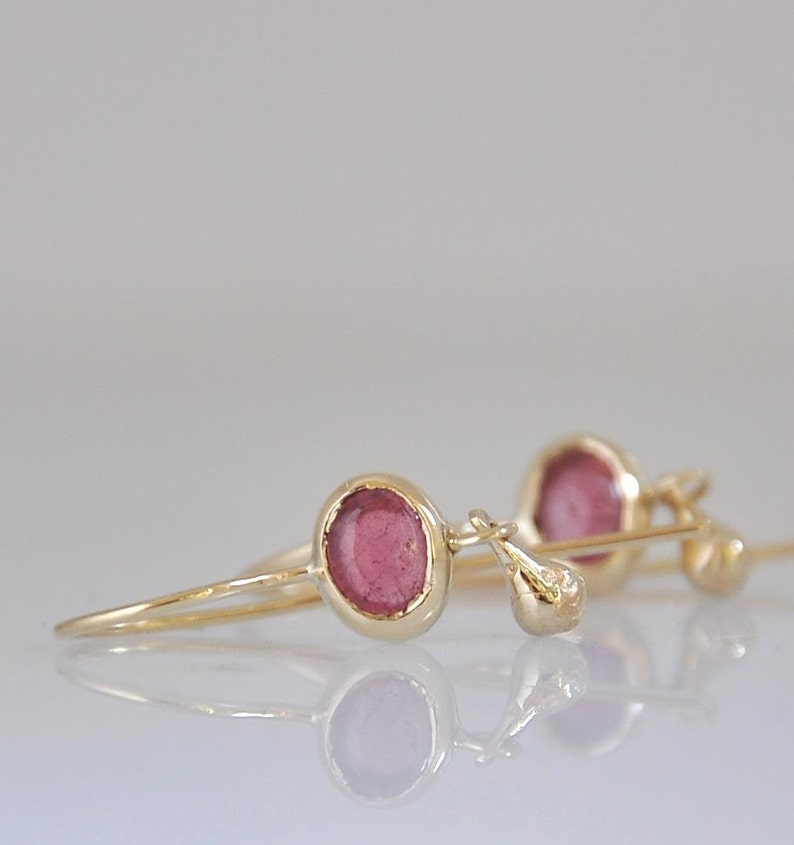 14k Gold Earrings, Pink Tourmaline Earrings, Dainty Hanging Earrings for Woman, Small Oval Pink Tourmaline, Solid Gold Fine Gift for Her image 1