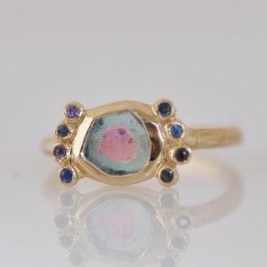 18k Gold and Blue Sapphire Ring, Handmade Watermelon Tourmaline Ring, Sapphire and Tourmaline Solid Gold Ring, One Of A Kind Ring for Woman