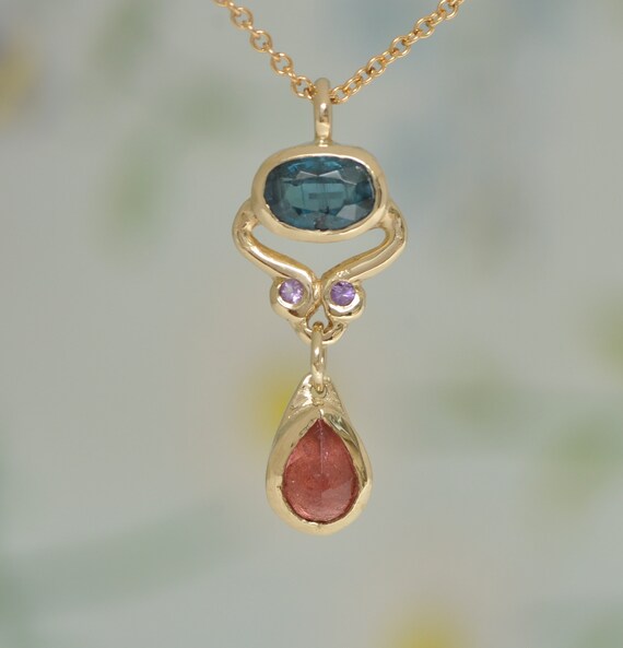14k Solid Gold Necklace, Oval Blue Sapphire Gold Pendant, Blue Sapphire, Pink Tourmaline Teardrop, Dangle Pendant, Birthday Gift for Wife