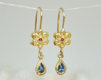 Handmade 18k Solid Gold Bridal Earrings, Ruby Flower, Blue Topaz Dangle