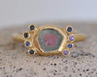 Watermelon Tourmaline Ring, Blue Sapphire Ring,18k Gold Tourmaline Ring,18k Gold Ring, Sapphire and Tourmaline Gold Ring, Ring for Woman