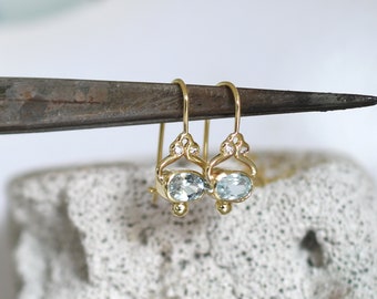 Aquamarine and Diamonds 14k gold earrings, Everyday Gold Earrings, Dangle Earrings with Aquamarine,