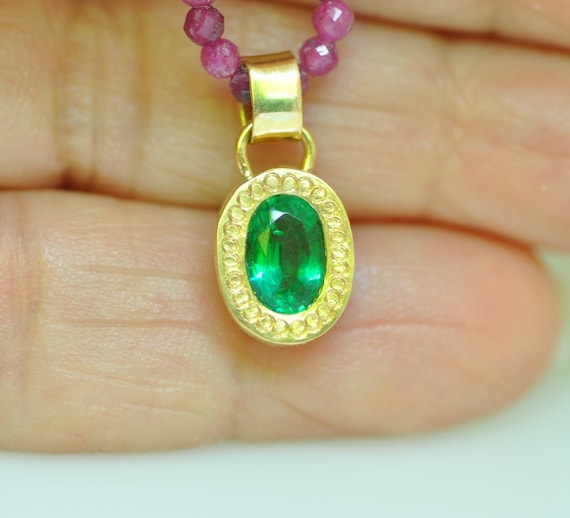 Ruby Beads Necklace, 18k Solid Gold Emerald Pendant, Sapphire and Emerald Gold Pendant, Ruby Bead and Gold Necklace, Long Ruby Bead Necklace