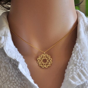 Solid Gold Mandala Pendant, 14k Gold Necklace, Gold Scroll Medallion, Everyday Gold Mandala Necklace, Present for Woman, Gift Idea for Woman