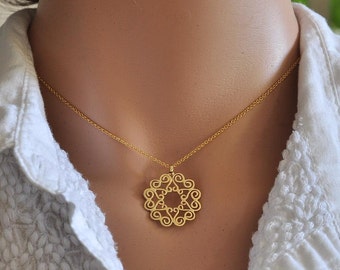 14k Solid Gold Mandala Pendant Necklace, Scroll Medallion
