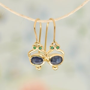 Blue Sapphire Earring, 14k Gold Drop Earring, Dangle Drop Earring Woman, 14k Gold Dangle Earring, Sapphire Earring, Green and Blue Earring