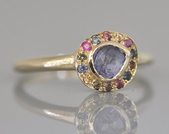 18k Antique Style Ring, 18k Solid Gold Ring, Multicolored Sapphire Ring, Blue Sapphire Ring, September Birthday Ring, Handmade Gift for Her