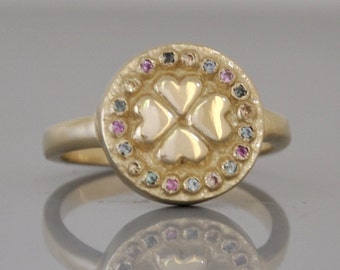 Sapphire Gold Ring, Signet Ring for Woman, 14k Solid Gold Heart Ring, Handmade Unique Ring, Gold Gift for Woman, Multi Colors Cluster Ring