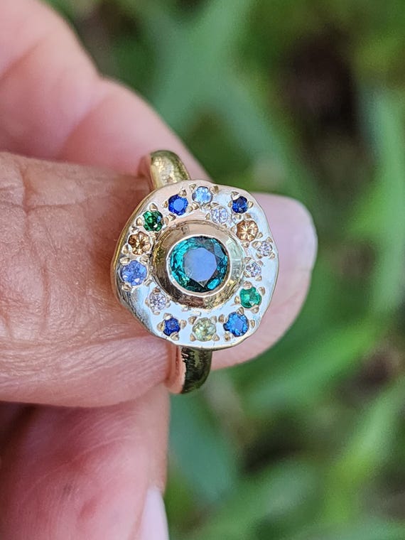 Emerald Gold Ring, 18k Solid Gold Ring, Green Emerald Sapphire ring, Multi Colors Stones Ring, Unsymmetric Ring, Ring for Woman, Gift for Me