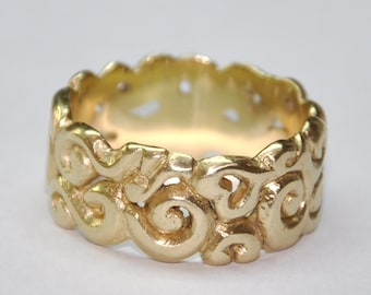 Yellow Gold Wedding Band, Woman's Wedding Ring, Anniversary Ring, Wide Gold Ring, Solid Gold Wave Ring, Scroll Ring