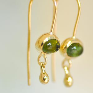14k Gold Earrings , Green Tourmaline Dangle Gold Earrings