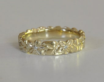 Anillo de flores con diamantes para mujer, anillo de diamantes de oro macizo, alianza de flores de oro, anillo de boda floral único, anillo de flores grabado, oro macizo de 14k
