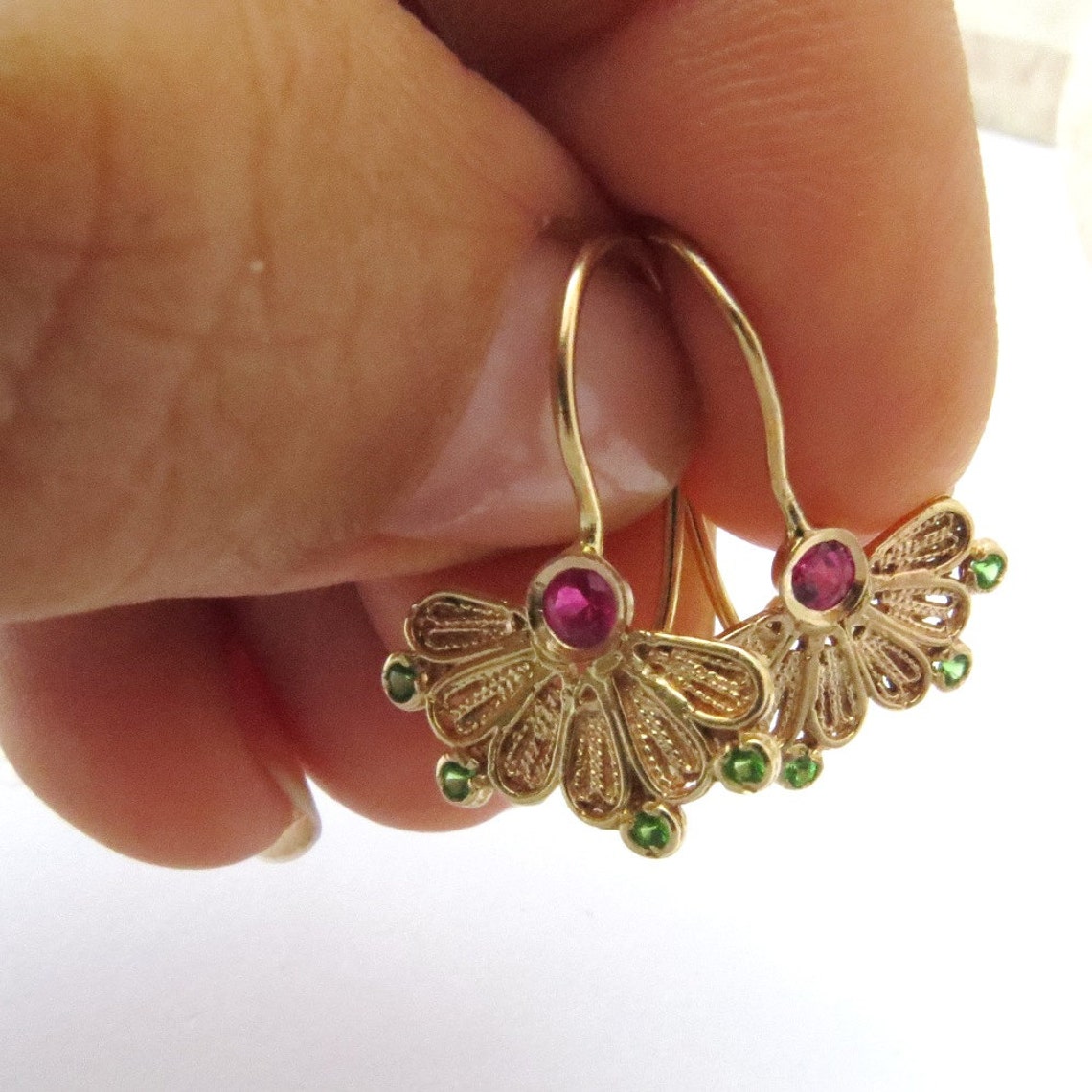 Indian Style Earrings 14k Gold Fine Earrings Red Ruby Etsy