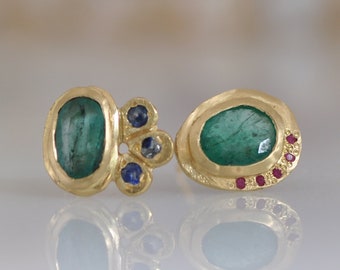 18k Gold Emerald Earring, Blue Sapphire Earrings For The Summer, Ruby Stud Earring, Indian Style Solid Gold Earring, Gold Earrings For Woman