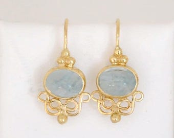 Drop Gold Earring, Dangle Earrings for Woman, Aquamarine 14k Gold Earring, Aquamarine Earring, Drop Earrings Stone, Oval Cabochon Aquamarine