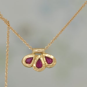 18k Gold Ruby Pendant, Three Teardrop Ruby Stones, Flower Gold Pendant, Gold Ruby Necklace, Unique Handmade Gold Pendant, 18k Charm Necklace