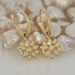 Small Gold Hoop Earrings , Dainty Small Flower , Tiny Gold Hoops , 14K Solid Gold ,  Gift For Her Gold Jewelry