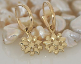 Small Gold Hoop Earrings , Dainty Small Flower , Tiny Gold Hoops , 14K Solid Gold ,  Gift For Her Gold Jewelry