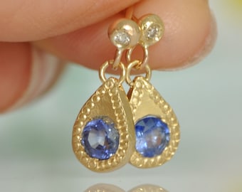 14k Gold Sapphire Earring, Blue Sapphire Earring, Gold Dangle Earring, Earrings For Women, Teardrop Earrings Blue Sapphire, Handmade Earring