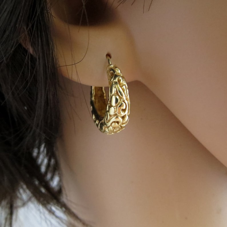 14K Gold Hoop Filigree Earrings Gypsy Casual Women Large Etsy