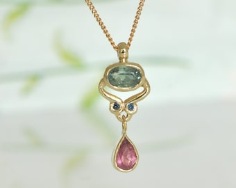 14k Solid Gold Necklace, Oval Green Tourmaline Gold Pendant, Blue Sapphire, Pink Tourmaline Teardrop, Dangle Pendant, Birthday Gift for Wife
