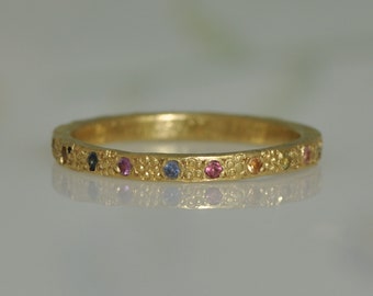 Unique Rainbow Sapphire Band, 18k Gold Eternity Thin Ring, Yellow Green Pink Colorful Sapphires, Custom Wedding Band Women Promise Ring,