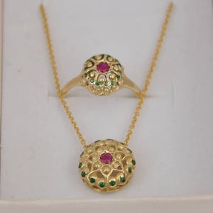 14k Gold Set for Anniversary, Ruby Set for Women, Ring and Necklace, Indian Style Jewelry Gift, Mandala Gold Jewelry Set, Ruby and Tsavorite