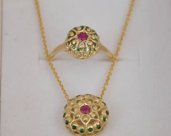 14k Gold Set for Anniversary, Ruby Set for Women, Ring and Necklace, Indian Style Jewelry Gift, Mandala Gold Jewelry Set, Ruby and Tsavorite